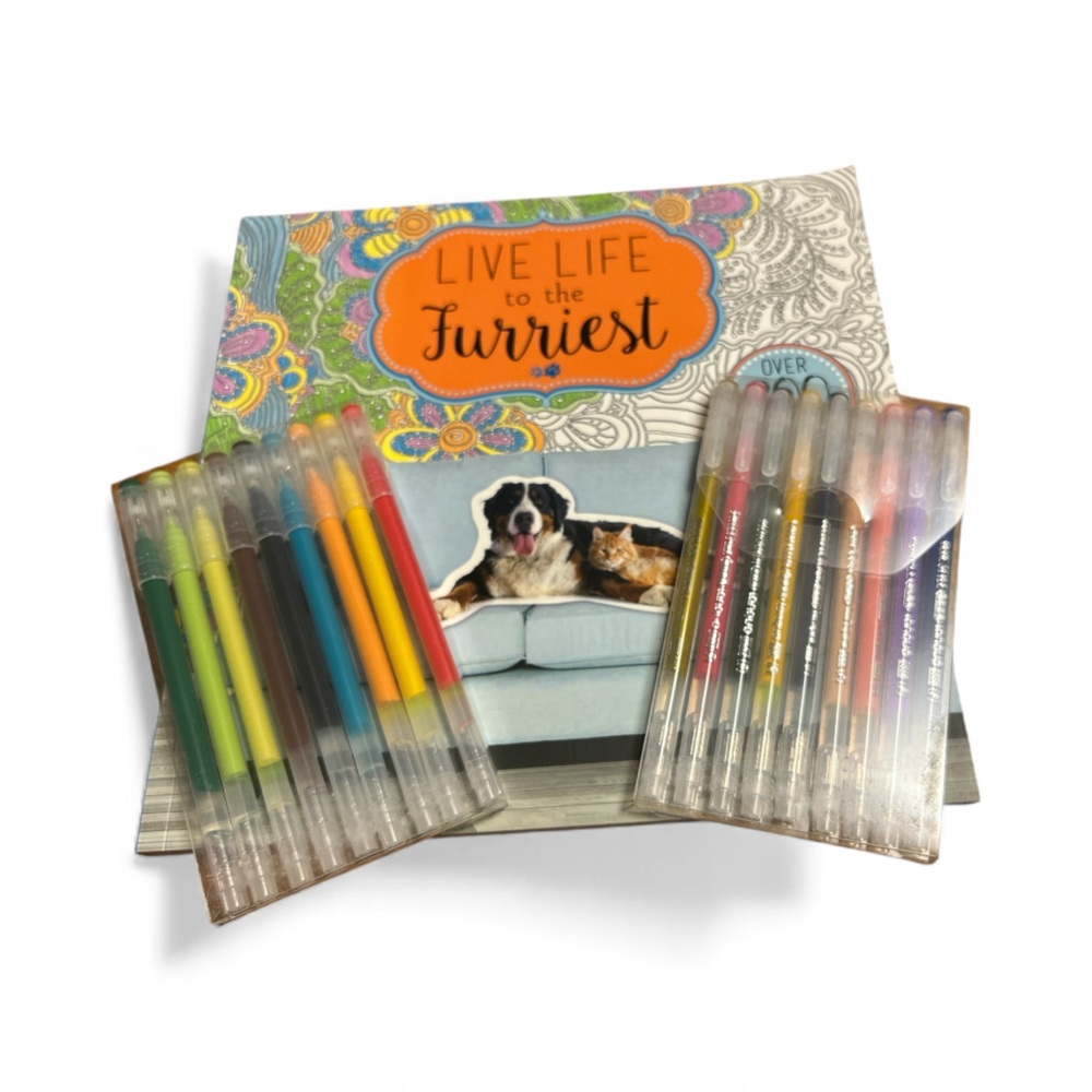 Coloring book with gel pens and stickers. Live life to the furriest. 18 gel pens